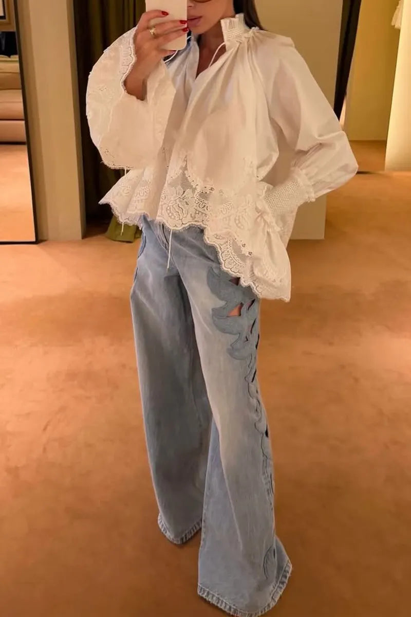 Women Stand Up Collar Patchwork Lace Patterned Top or Washed Side Patterned Hollowed Out Jeans