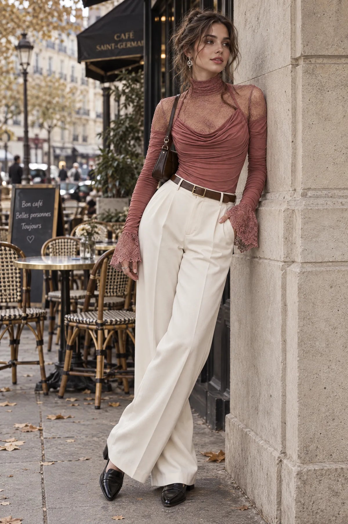 Stylish Dusty Rose Lace Mock Neck Ruched Top with Flared Lace Cuffs