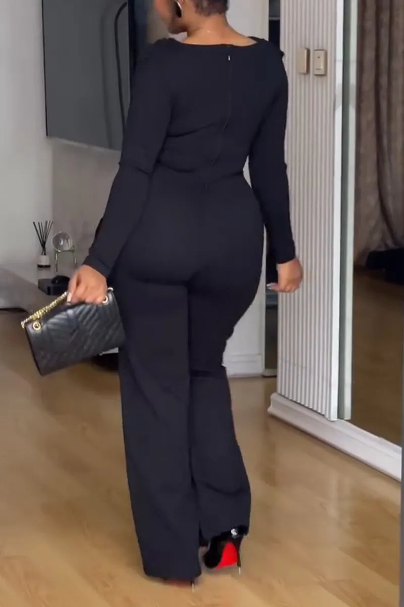 Women Round Neck Patchwork Waist Cinching Elegant Temperament Jumpsuit