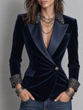 Vintage Satin Peak Lapel And Sequin Cuffs Wrap-front Polyester Velvet Blazer