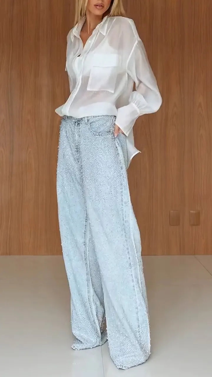 Women Collar See Through Shirt+ Rhinestone Jeans Casual Set