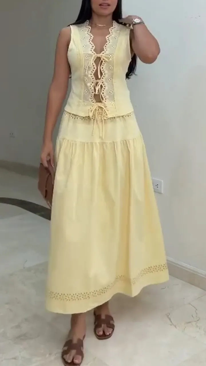 Women V-neck Lace-up Top + Skirt Elegant Casual Set