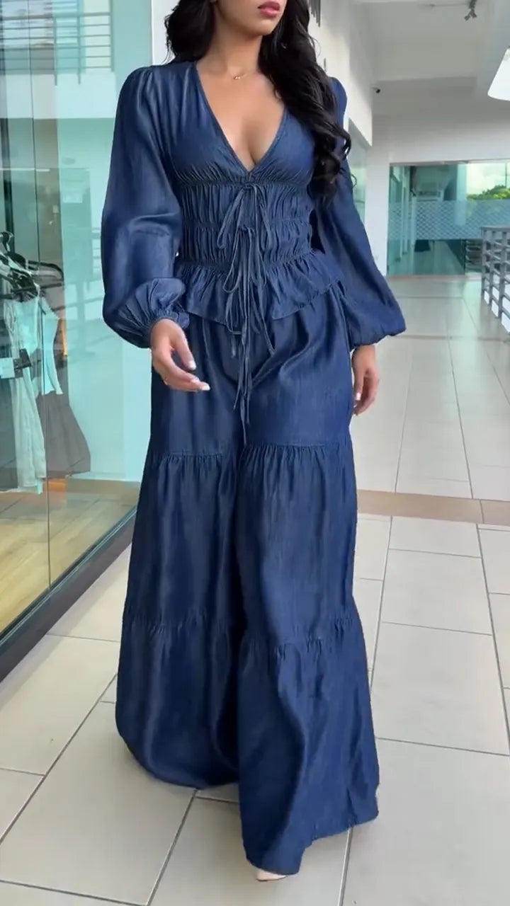 Women V-neck Fitted Top + Wide-leg Pants Solid Color Casual Set