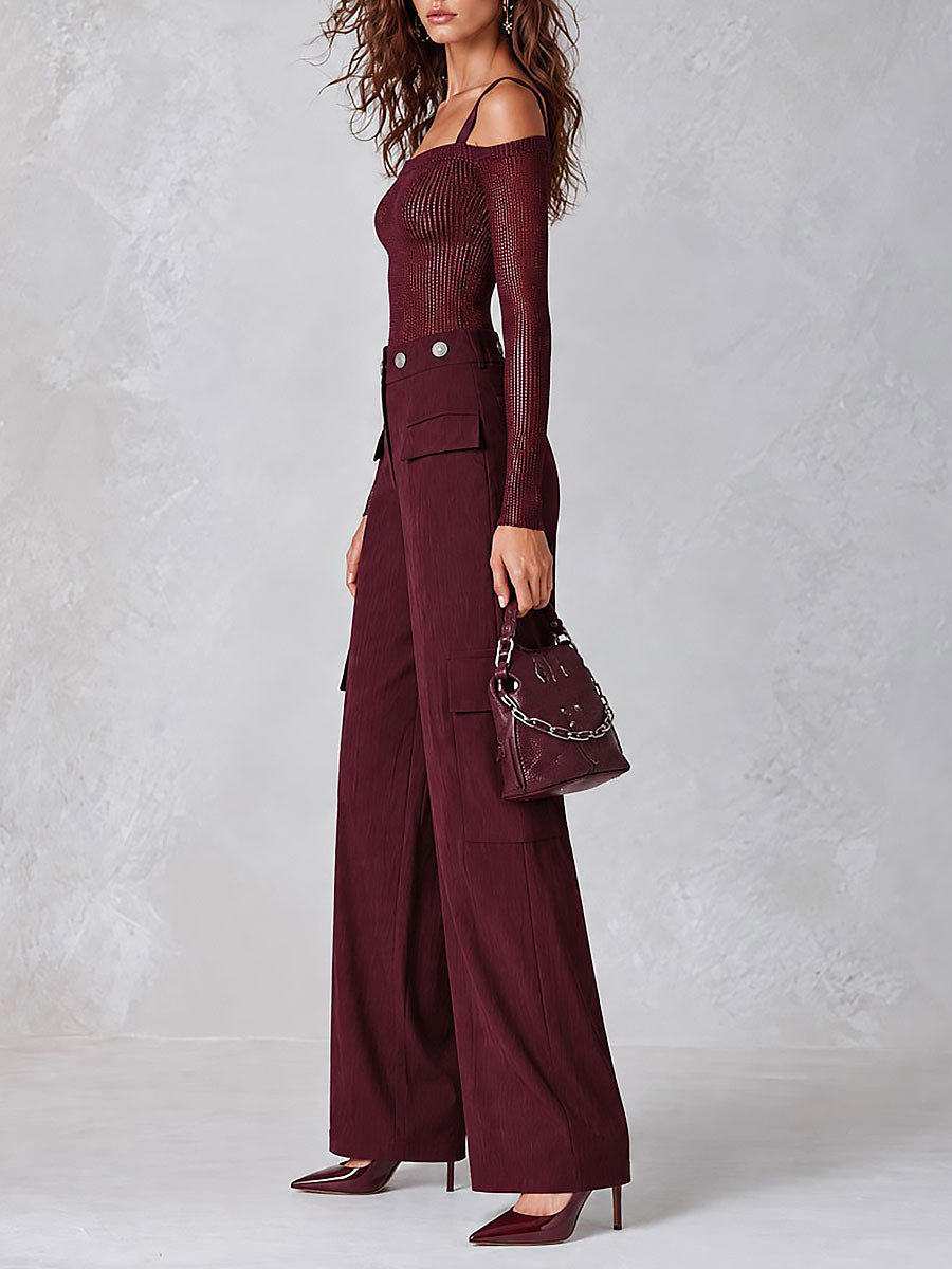 Retro Burgundy Off-Shoulder Sheer Long Sleeve Top & High-waisted Cargo Pants Set