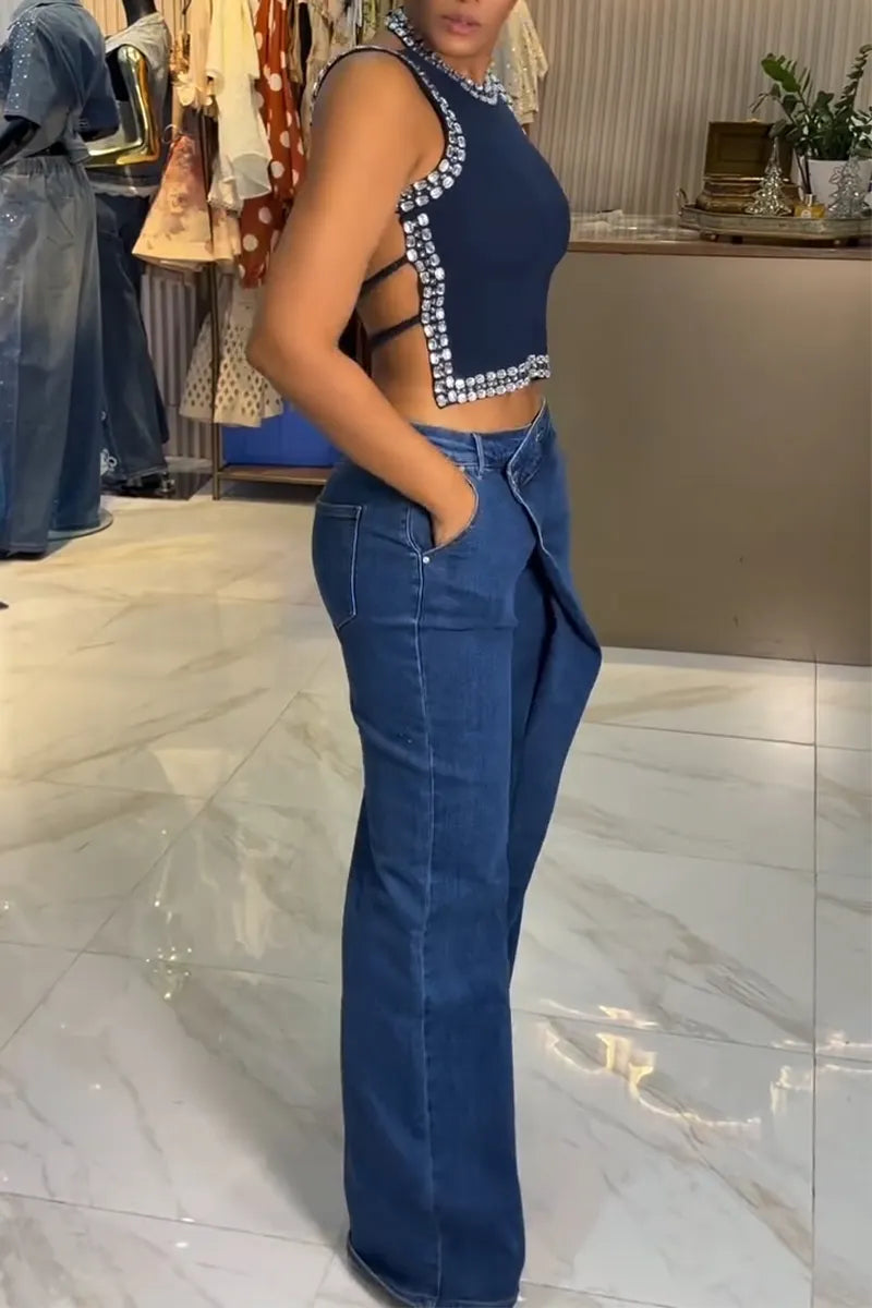 Women's Neck Hanging Nail Drill Back Hollow Top or Spliced Jeans