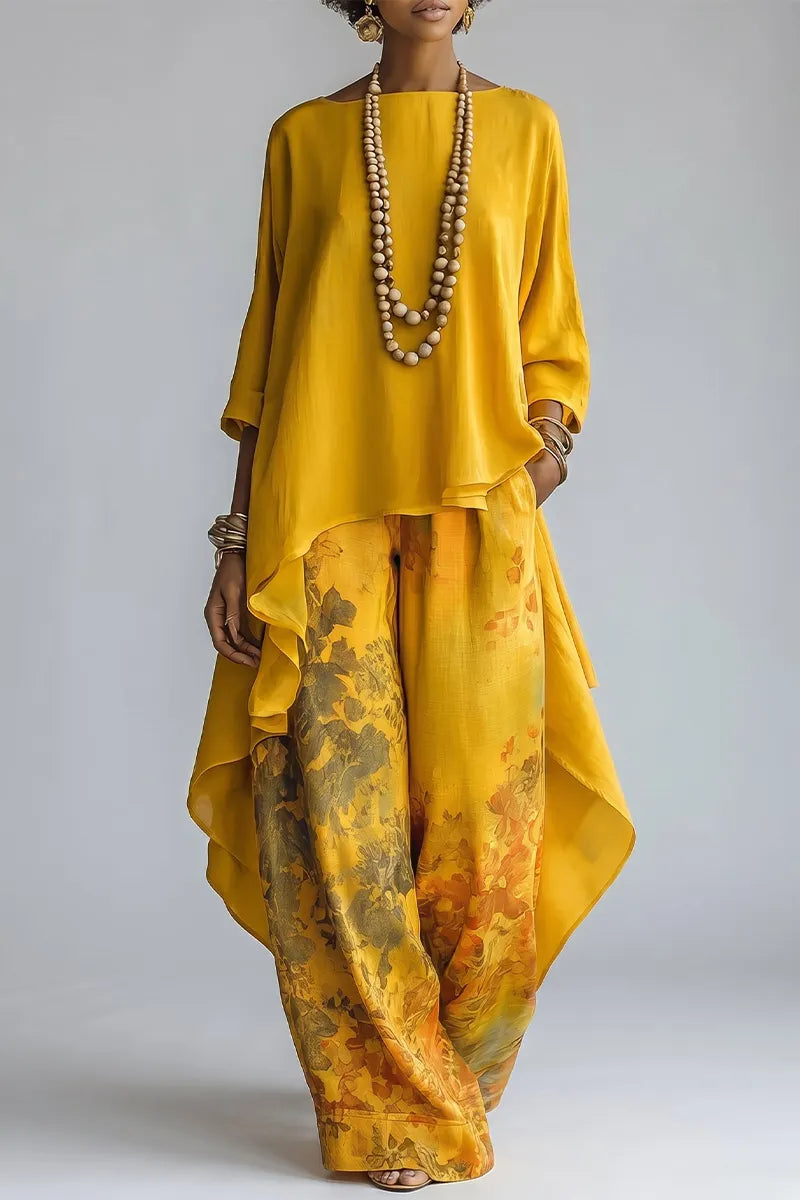 Women Round Neck Irregular Long Top + Printed Wide-leg Pants Casual Suit
