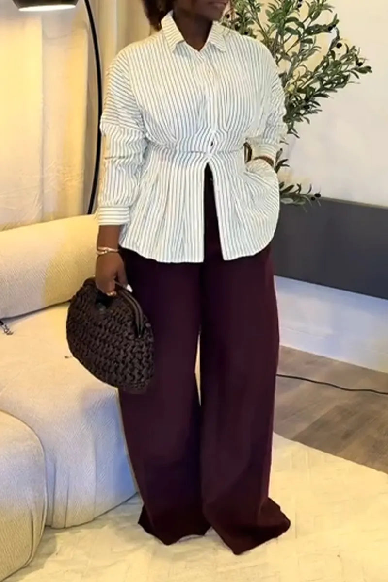 Women Collar Vertical Stripe Casual Shirt or Wide Leg Pants