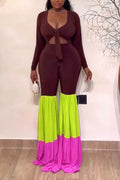 Women Low Neck Patchwork Contrasting Tight Casual Jumpsuit
