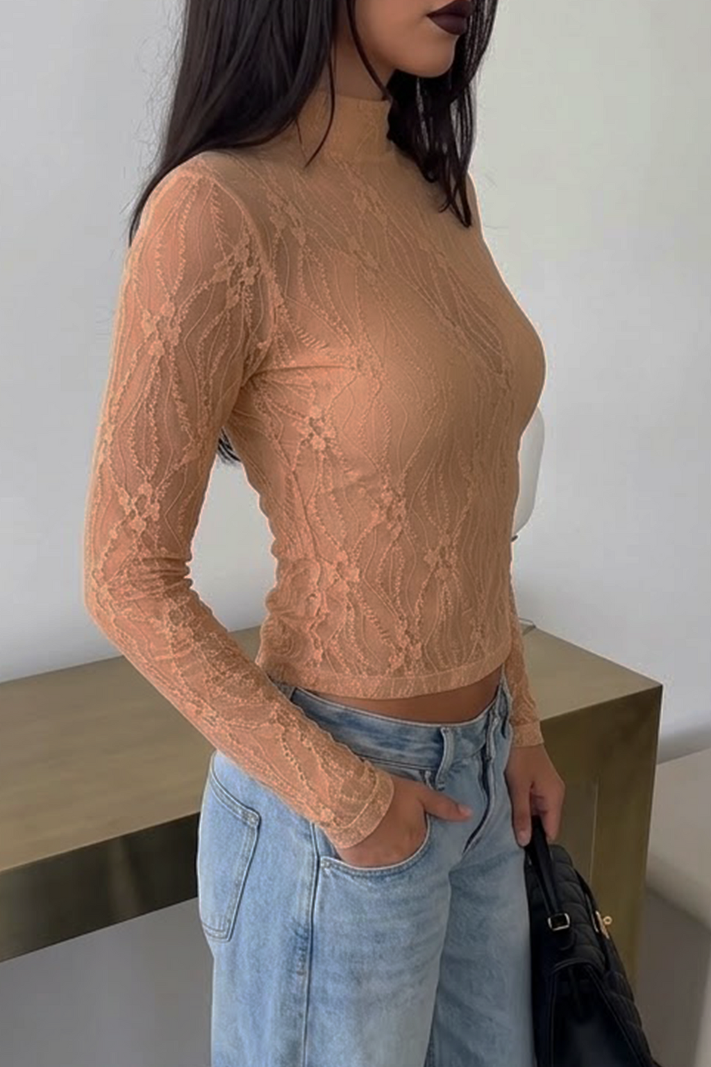 Women's Sexy Sheer Floral Lace Top Mock Neck Long Sleeve Slim Fit Layering Undershirt Clubwear Blouse