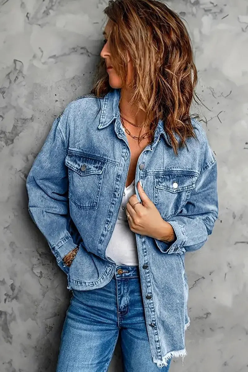 Women' s Distressed Denim Coat With Frayed Hem Detail
