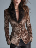 Retro Brown Faux Fur Shawl Collar Zebra-stripe Crushed Velvet Blazer