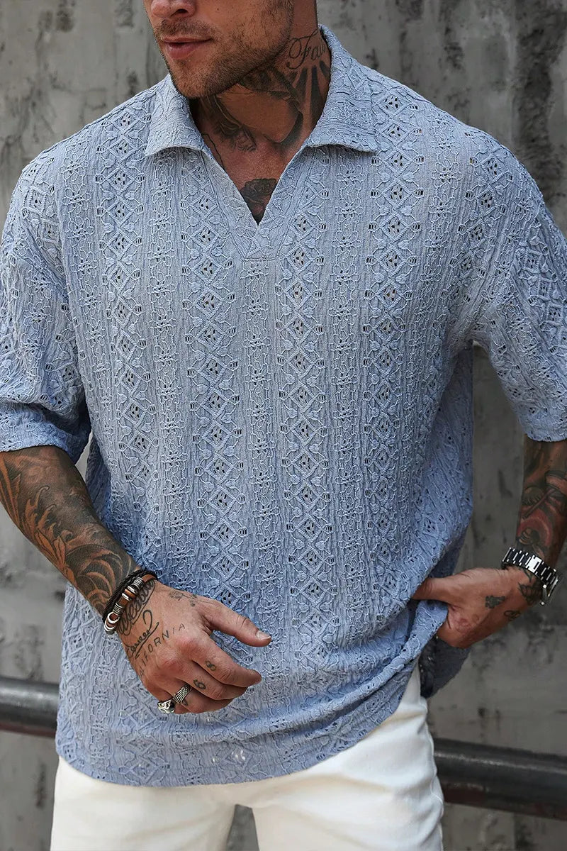 Men's Aqua Blue Summer Casual Vacation Knitted Mesh Texture Polo Shirt,Bohemian Crochet Jacquard V-Neck Short-Sleeve Loose Top For Beach Festivals