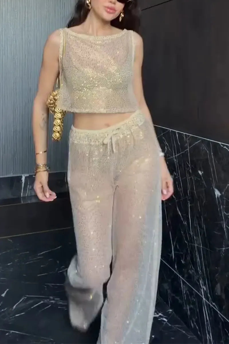 Women Round Neck Sequin See Through Top+ Pants Sexy Casual Suit