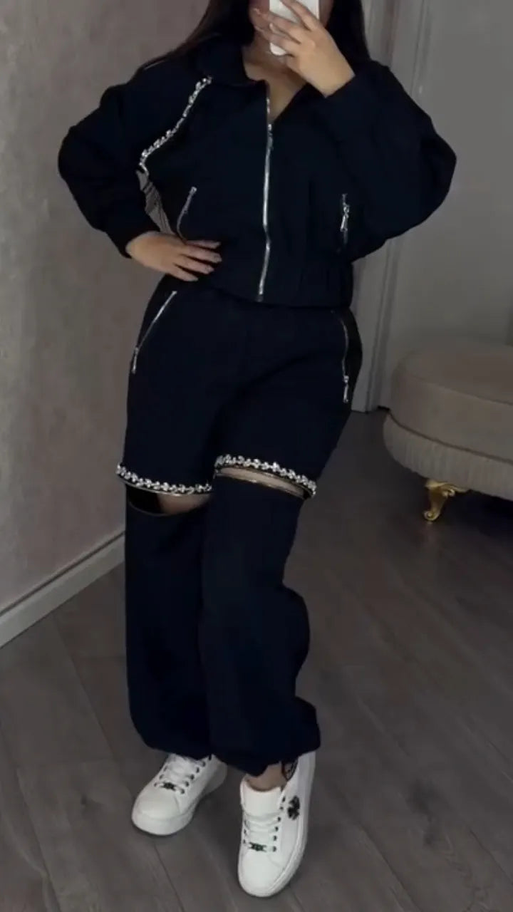 Women Round Neck Jacket+ Spliced Zipper Pants Casual Set