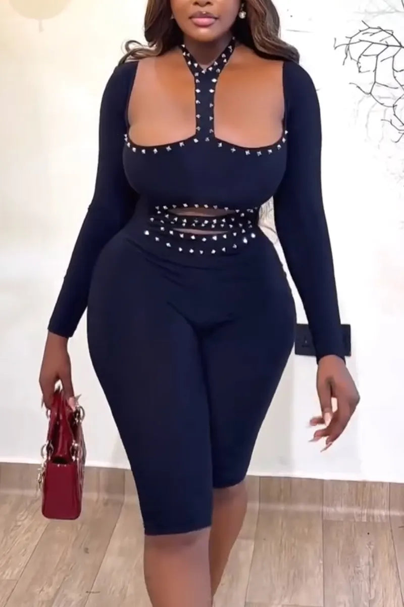 Women Neck Hanging Spliced Rivet Design Tight Casual Short Jumpsuit