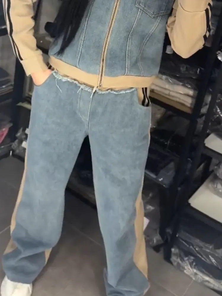 Women Collared Patchwork Denim Casual Jacket + Jeans Casual Suit