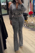 Women's Patchwork Short Jacket + Tight Flared Pants Casual Set