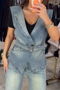Women's Casual Collar Patchwork Denim Wash Fake Two-piece Top or Jeans