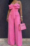 Women's Strappy Wide Leg Jumpsuit With Bow Detail Long Party Romper