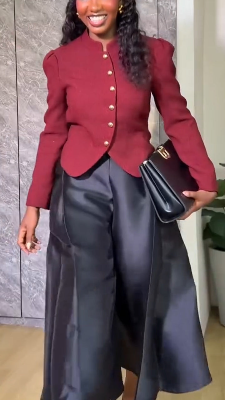 Women Round Neck Breasted Jacket + Satin Wide Leg Pants