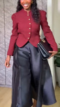 Women Round Neck Breasted Jacket + Satin Wide Leg Pants