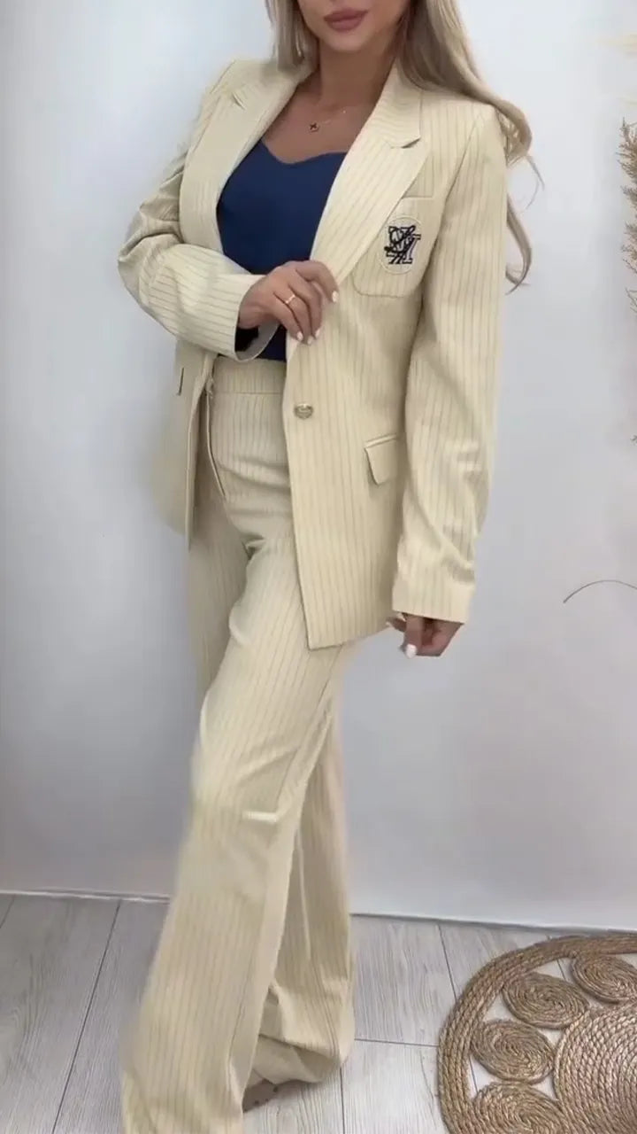 Women Collar Vertical Stripe Temperament Commuting Suit