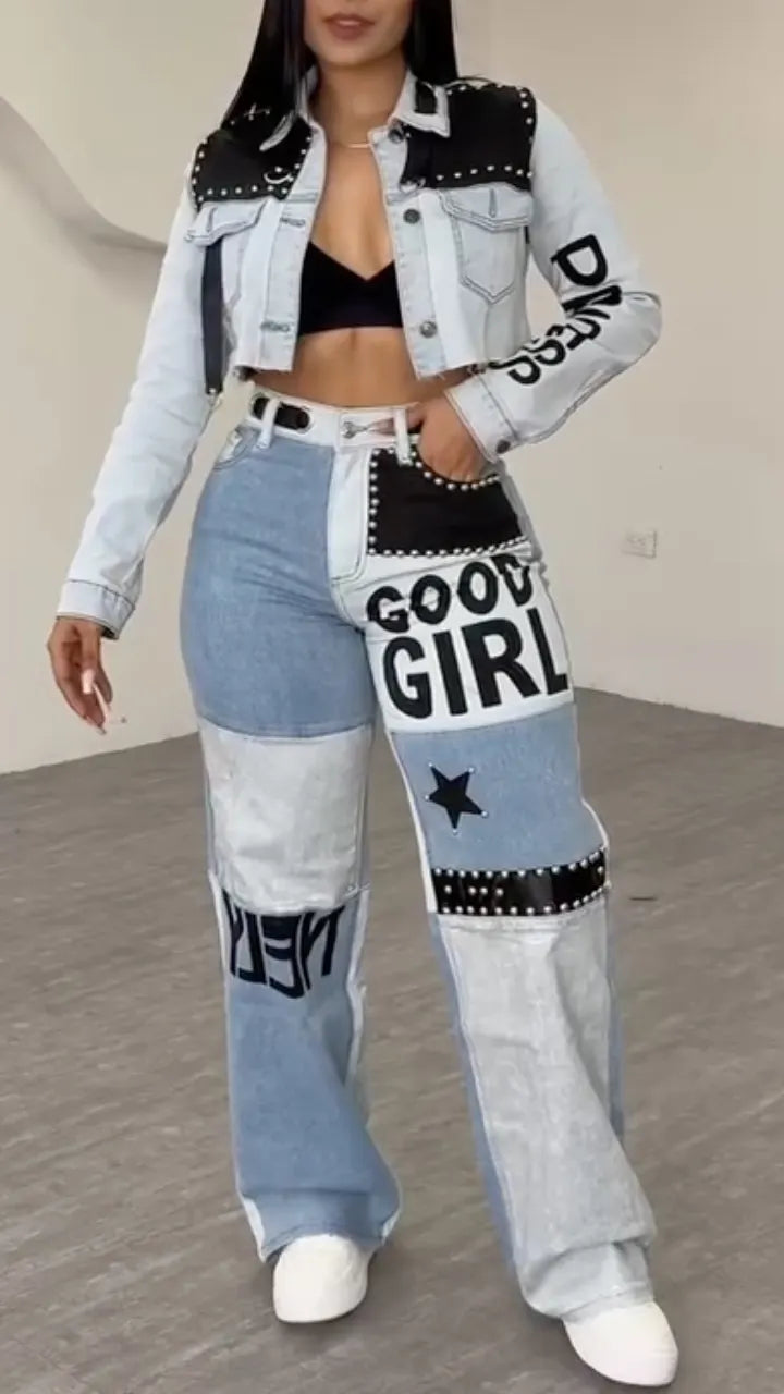 Women Laple Collar Nail Bead Patchwork Printed Letter Casual Denim Suit