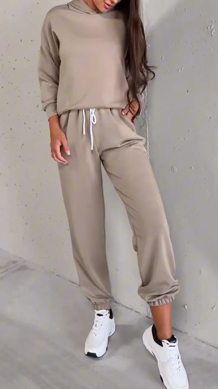 Ladies Round Neck Hooded Top+ Drawstring Pants Casual Set