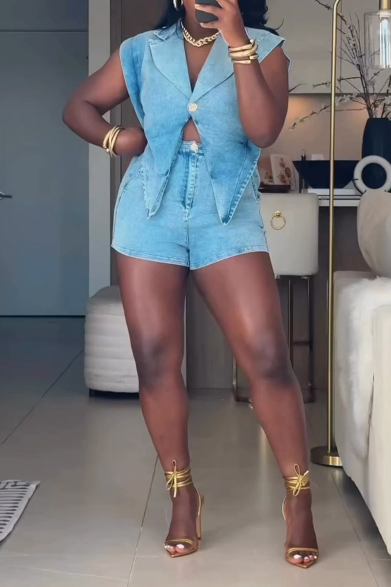 Women Collar Patchwork Casual Short Denim Jumpsuit