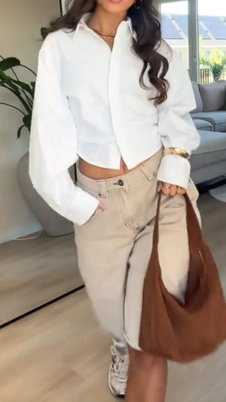 Ladies Collar Shirt+ Cropped Pants Casual Set