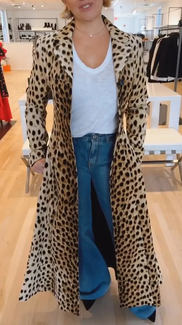 Women Lapel Leopard Print Casual Flared Coat