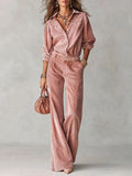 Boho Corduroy Lace-Trim Shirt & Wide-Leg Pants Set