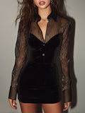 Retro Black Velvet Mini Dress with Sheer Striped Mesh Sleeves
