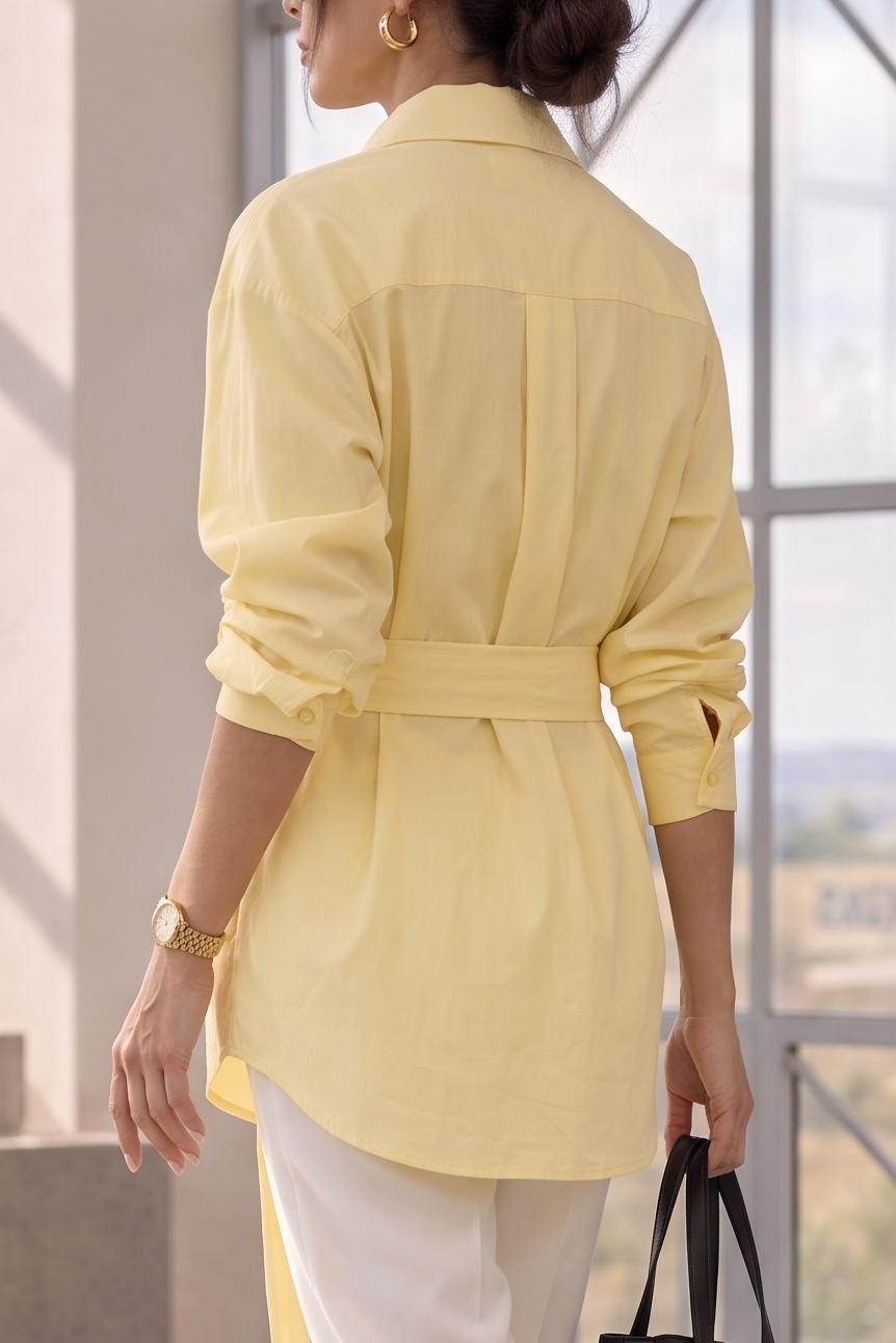 Women's Butter Yellow Button Down Shirt with 3D Rose Flower Belt Long Sleeve Lapel Blouse Tie Waist Casual Elegant Work Tops