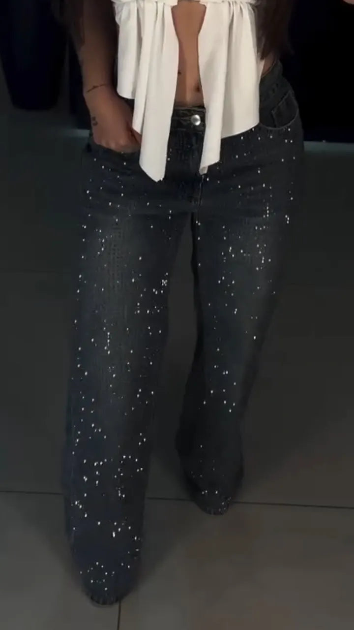 Womens Rhinestone Washed Casual Jeans