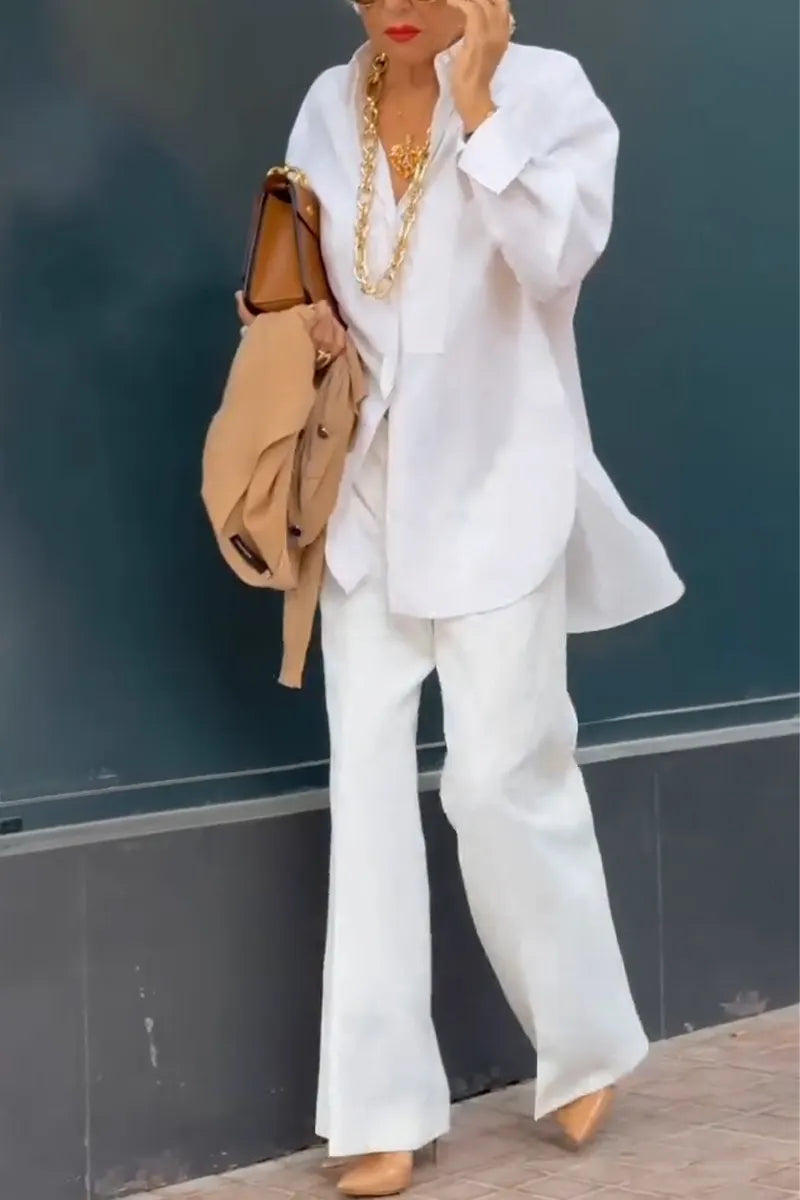 Women Temperament Casual Collar Solid Color Shirt or Wide Leg Pants