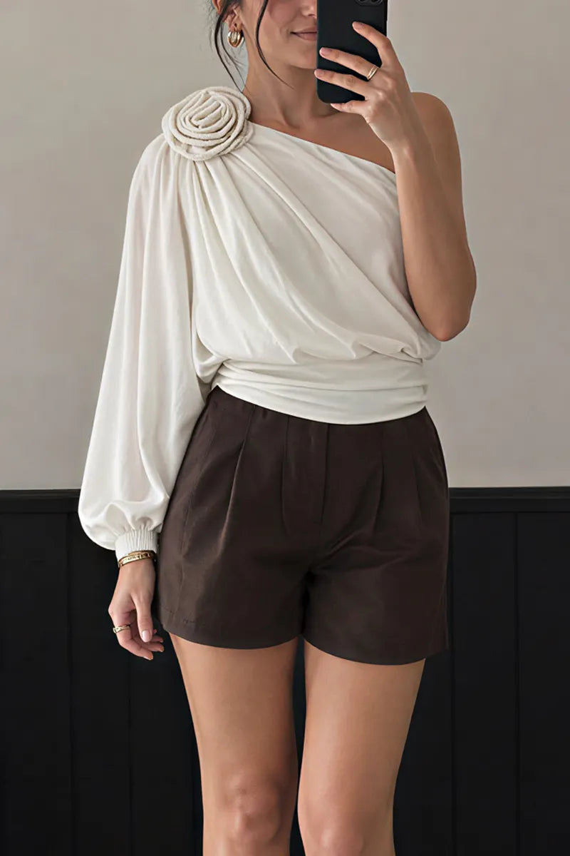 Women's Relaxed Fit One Shoulder Draped Rose White Blouse
