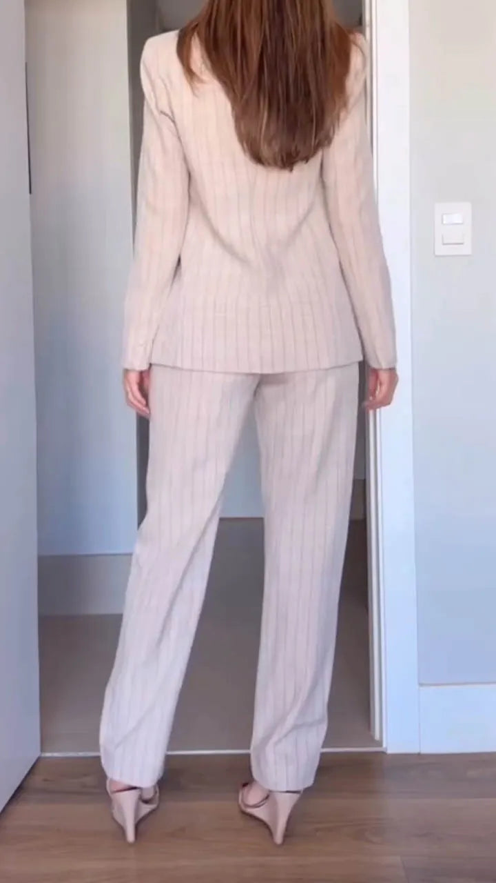 Women Collar Vertical Stripe Jacket+ Pants Temperament Commuting Suit