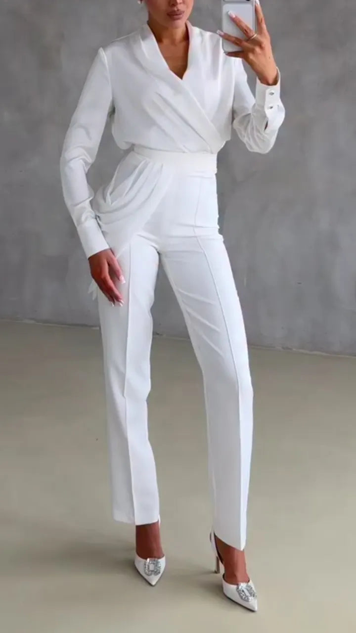 Women V-neck Top + Patchwork Pants Solid Color Temperament Commuting Set