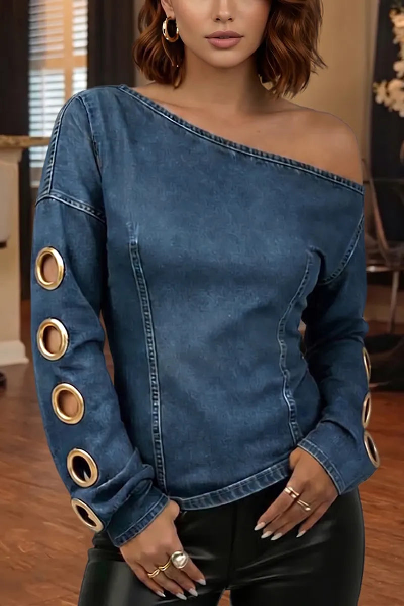 Women's Casual Asymmetric Neckline Metal Neckline Decoration Denim Top