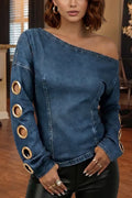 Women's Casual Asymmetric Neckline Metal Neckline Decoration Denim Top