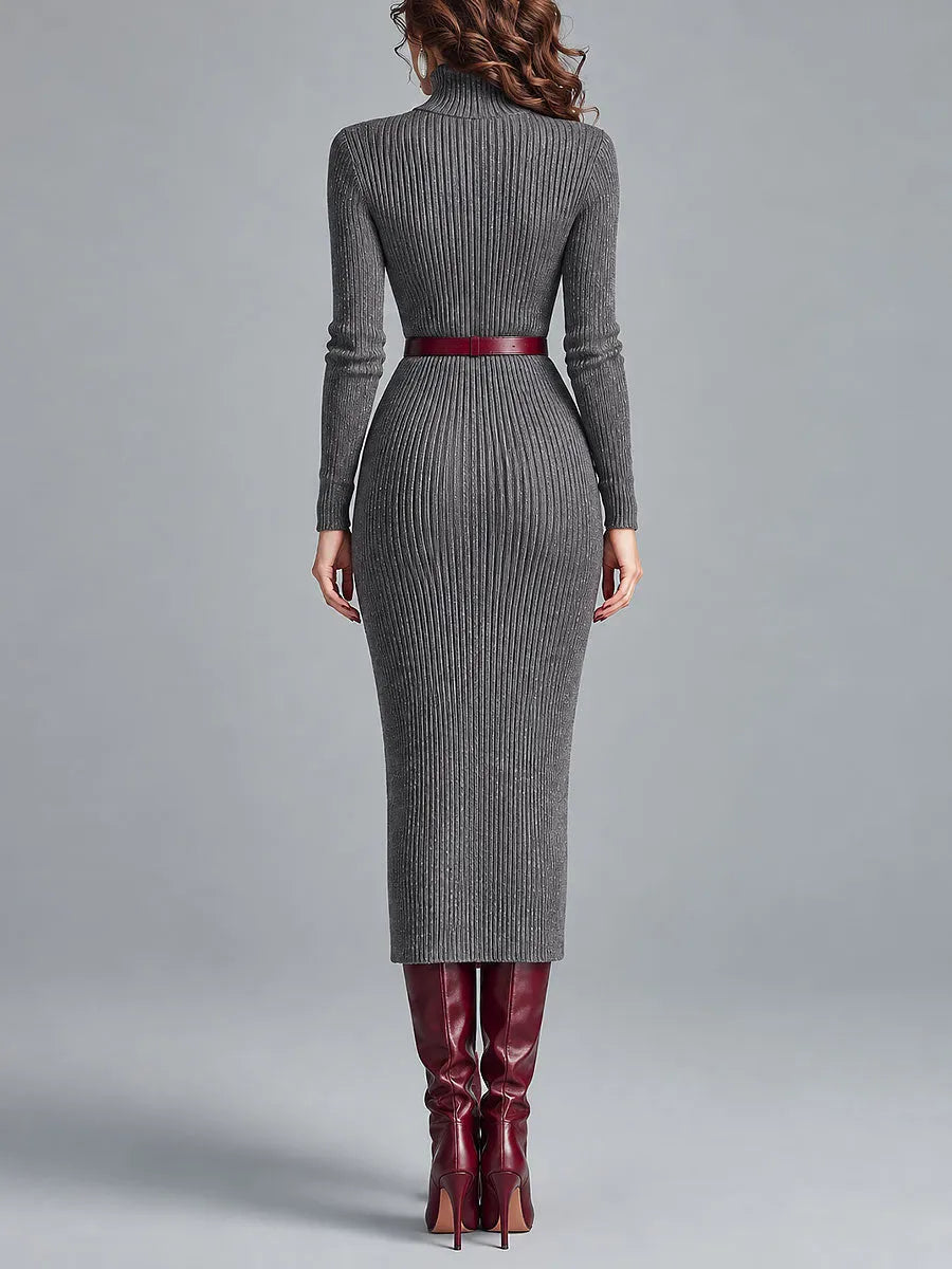 Elegant High Neck Ribbed-knit Slim-fit Midi Dress With Belt