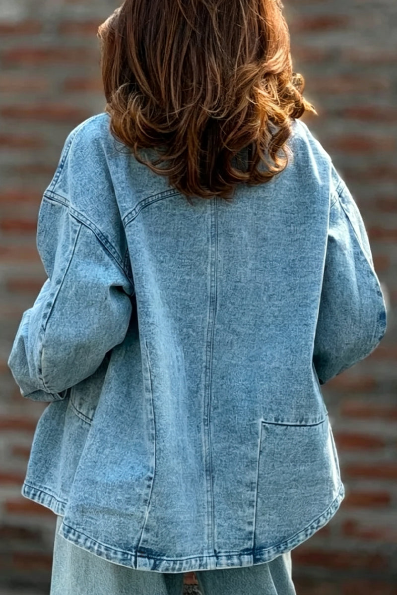 Women's Lapel Washing Water Splicing Pocket Casual Denim Jacket