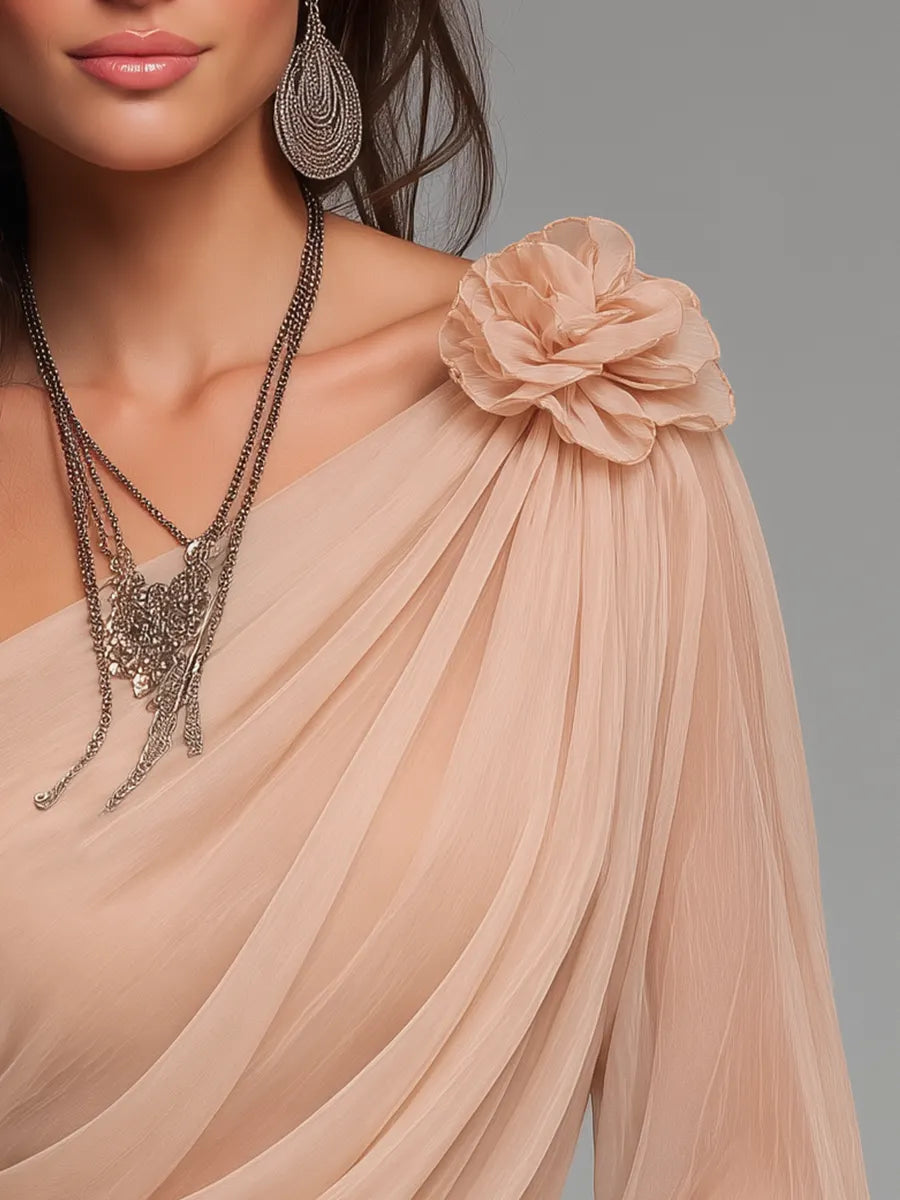 Romantic Blush Pink Floral Applique One Shoulder Draped Chiffon Blouse