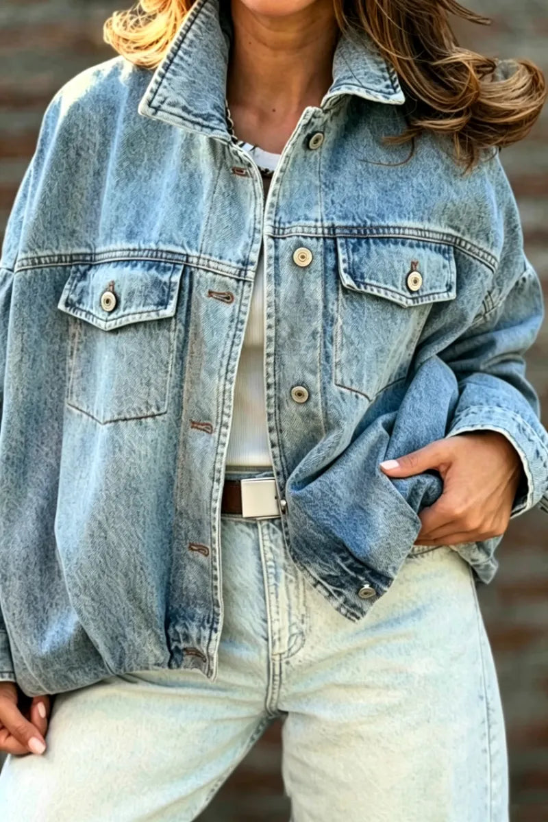 Women's Collar Washed Water Spliced Casual Denim Jacket