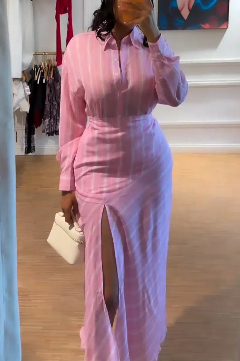 Women Collar Shirt+ Slit Skirt Elegant Casual Set