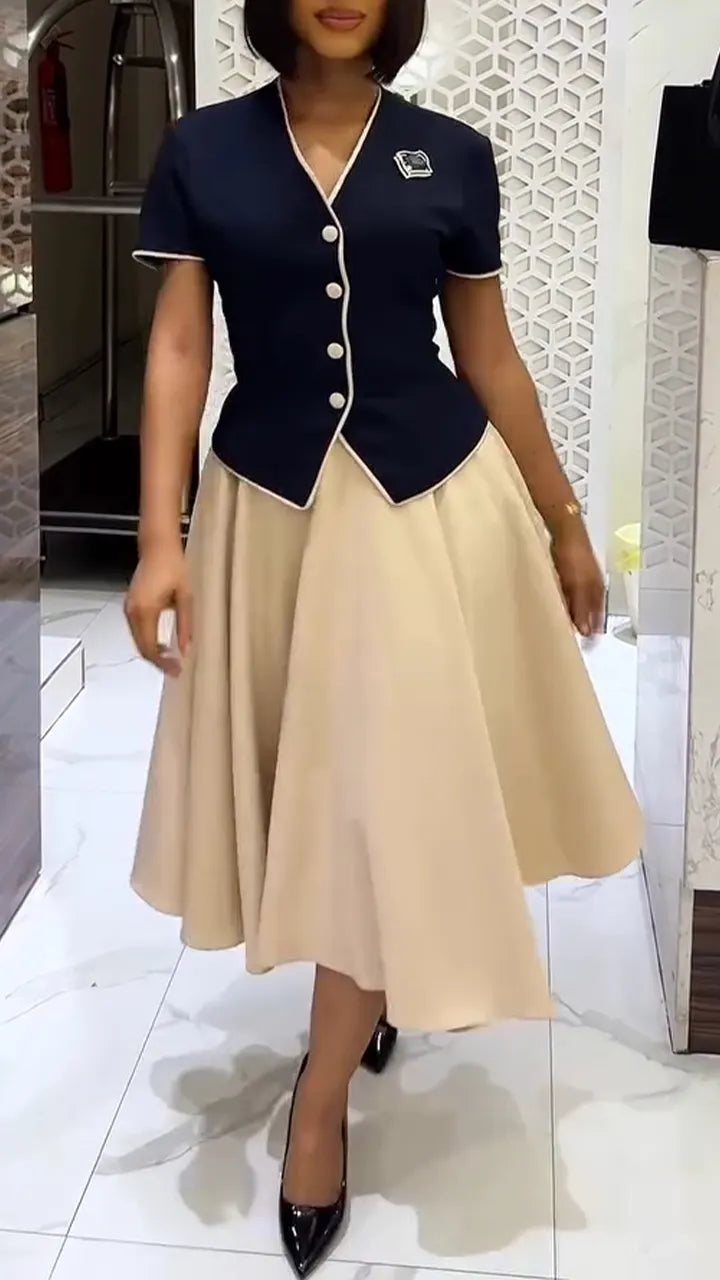 Women V-neck Breasted Top + Half Skirt Casual Outfit with Temperament