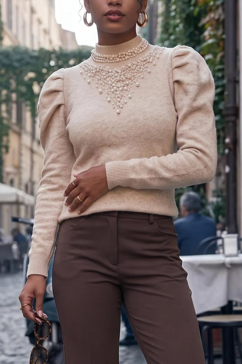 Women's Puff Sleeve Knit Sweater Pearl Beaded Mock Neck Long Sleeve Tops Slim Fit Ribbed Pullover Fall Winter Work Blouse