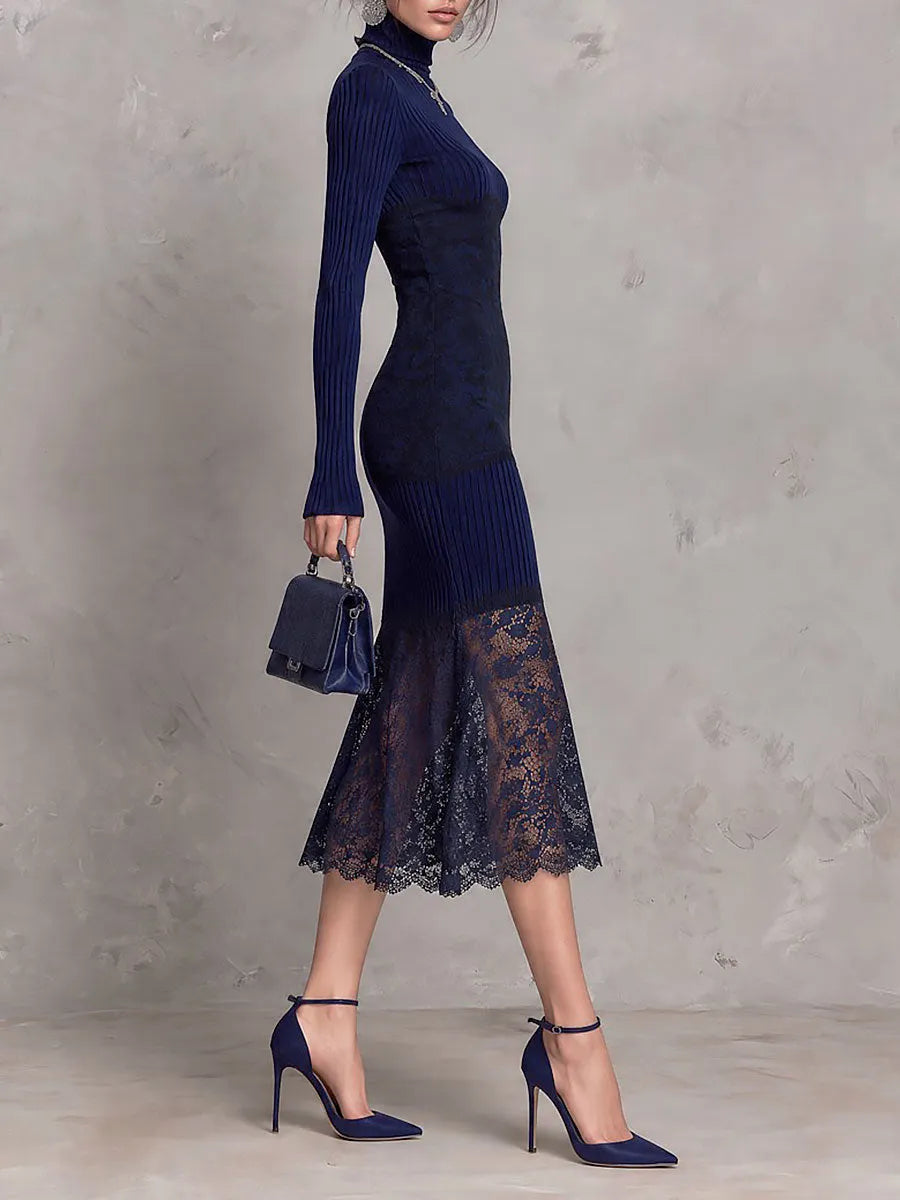 Navy Ribbed Knit Sheer Scalloped Lace Hem Turtleneck Midi Dress