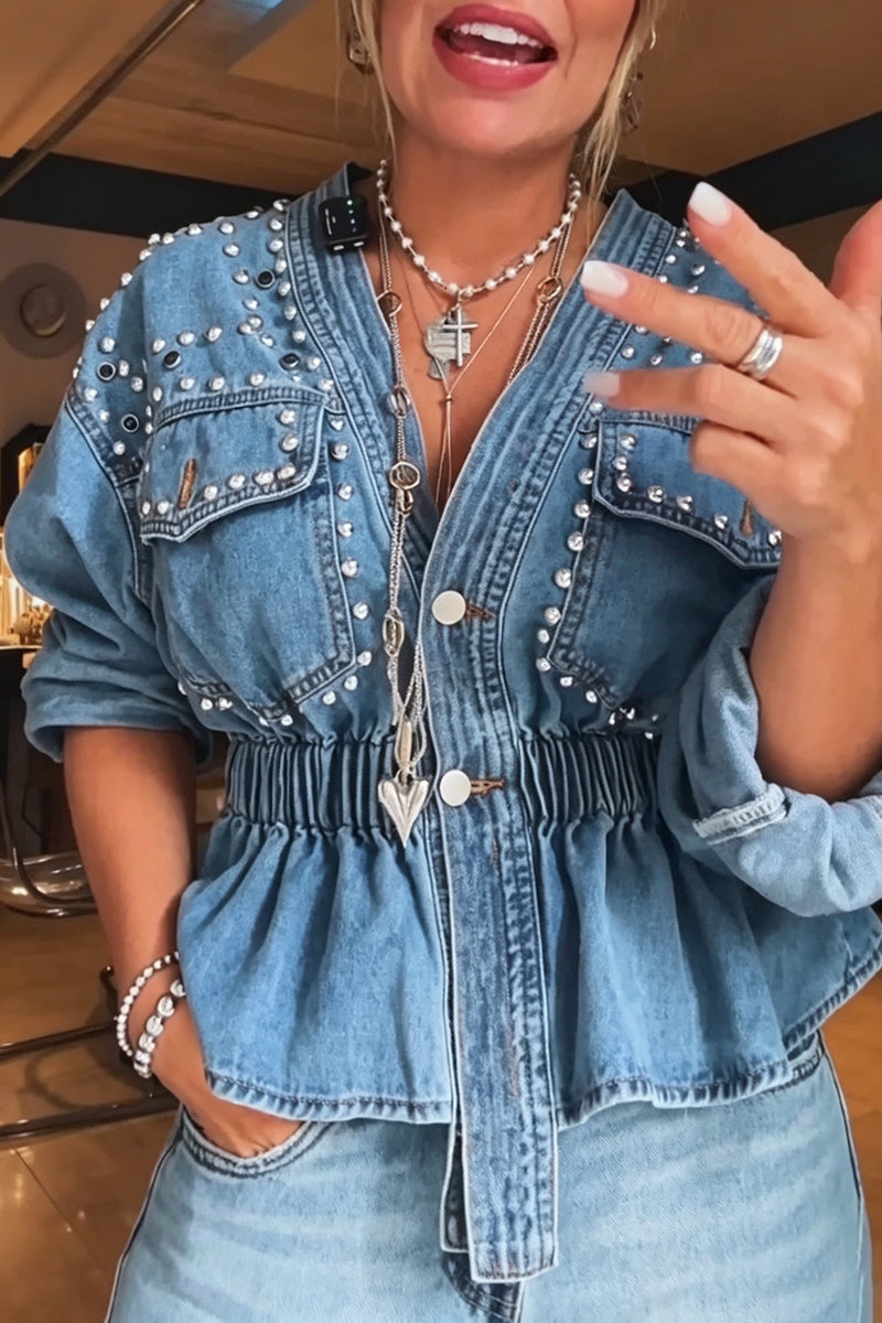 Women's Fashion Rivet Decoration Waist Cinching Denim Jacket